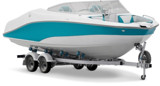 A white boat with a teal swoosh down the side sits on a boat trailer.